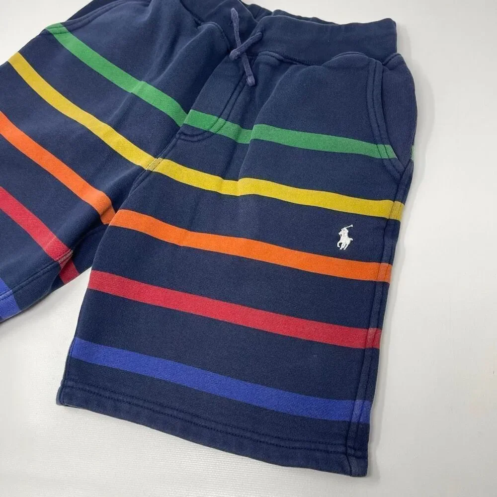 Polo Ralph Lauren Fleece Blue Rainbow Striped Shorts Boys Size Medium 10-12